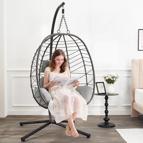 Hanging Egg Chair with Stand, Outdoor Indoor Egg Swing Chair with Cushion Headrest, Wicker Rattan Egg Chair with Dual Chains