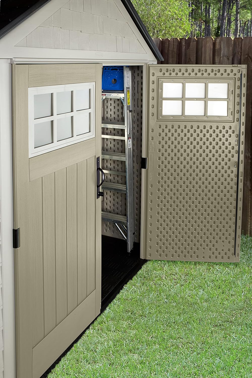 Rubbermaid Resin Outdoor Storage Shed With Floor (7 x 7 Ft), Weather Resistant, Beige/Brown