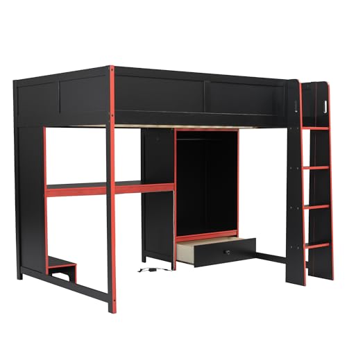 Modern Full Size Gaming Loft Bed with Built-in Desk and Storage Wardrobe, Wood Loft Bed Frame with Light Strip and 2 Drawers