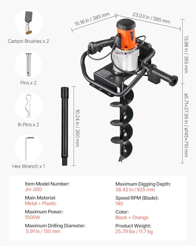 VEVOR Electric Post Hole Digger, 5.71 in Auger Bit with 1500W Powerful Motor, 140 RPM Alloy Steel Earth Auger Drill Bit with 10.24 in Extension Rod