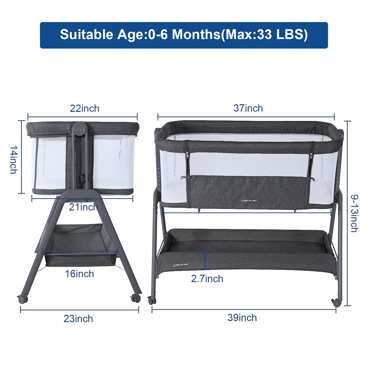 ANGELBLISS Flat Bedside Bassinet with Storage Basket, Easy Folding Portable Crib with Wheels, Included Breathable Mesh