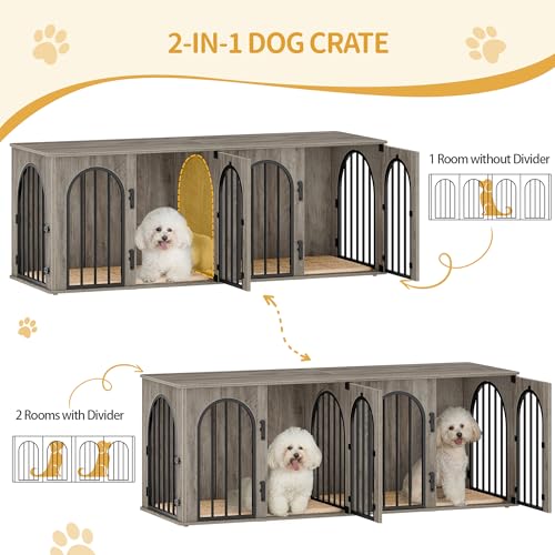 71" Dog Crate Furniture for 2 Dogs, Heavy Duty Indoor Dog Kennel TV Stand, XXL Wooden Dog Cage with Divider for Medium Large Dogs