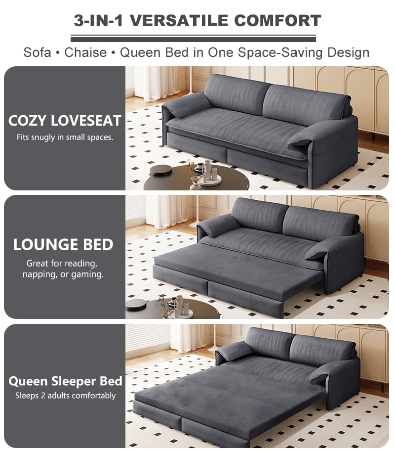 70.1" Futon Sofa Bed Queen Size, Pull Out Bed, 3-in-1 Convertible Sleeper Sofa with 2 Soft Pillows, Modern Velvet Futon Couch for Living Room