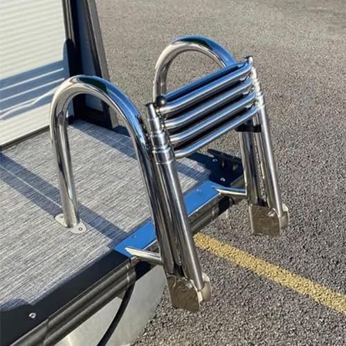 4-Step Heavy-Duty Stainless Steel Pontoon Boat Ladder with Extra Wide Steps & Handrails | Telescoping Folding Rear Entry Ladder, 600lbs Capacity