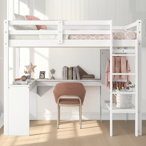 Full Size Loft Bed with L-Shaped Desk, Wardrobe and Storage Shelves, Solid Wood Bedframe w/Safety Guardrails & Ladder for Kids Teens Adults