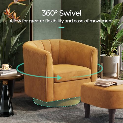 LINSY Swivel Accent Chair Ottoman Set: Velvet Small Barrel Chair with Foot Rest