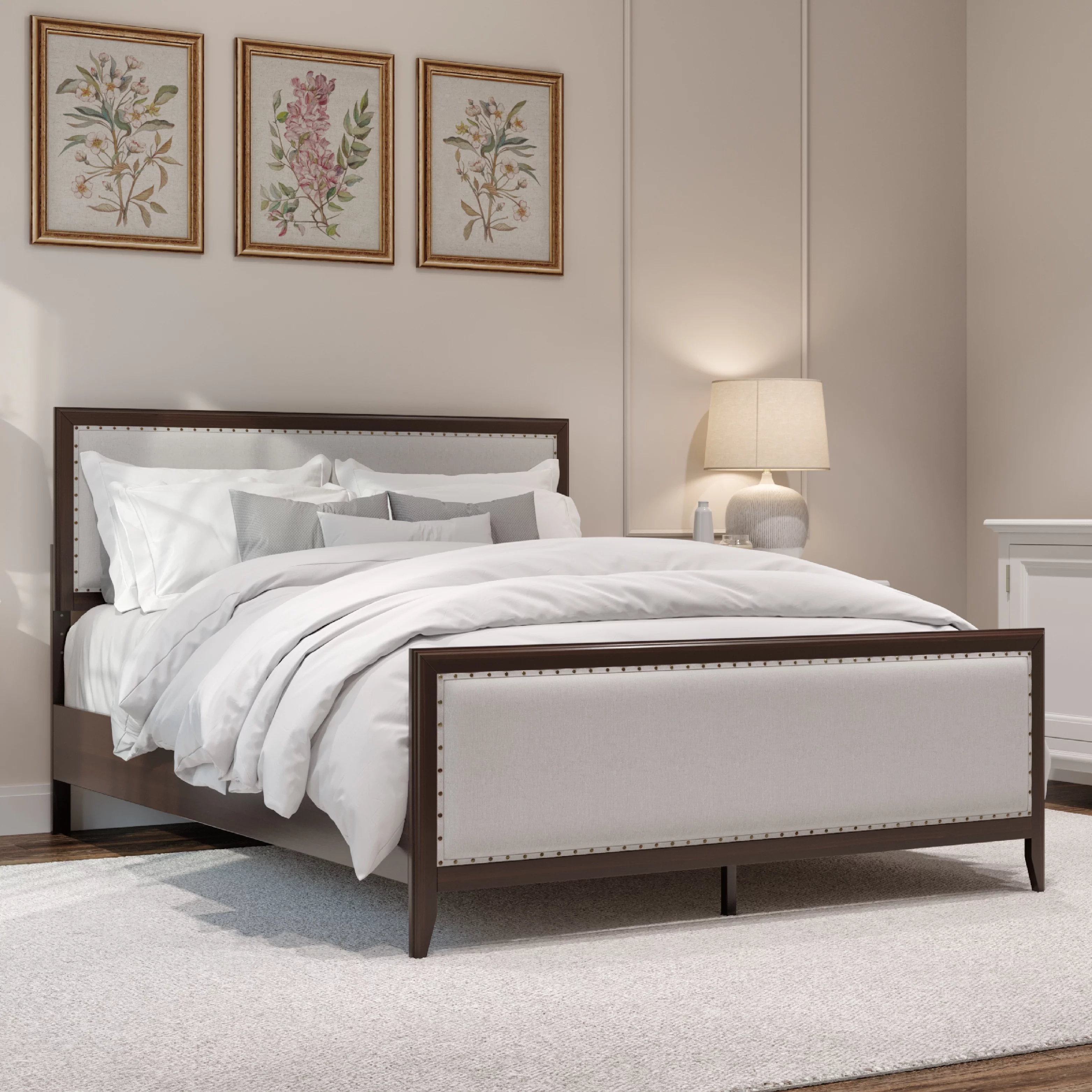 DG Casa Salerno Upholstered Wood Platform Bed Frame with Nailhead Trim Adjustable Height Headboard and Full Wooden Slats Box Spring Not Required