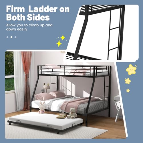 KOMFOTT Twin Over Full Bunk Bed with Trundle, Heavy-Duty Metal Bunk Bed Frame with Guardrail & 2 Ladders, Space-Saving Bunk Bed for Kids/Teens/Adults