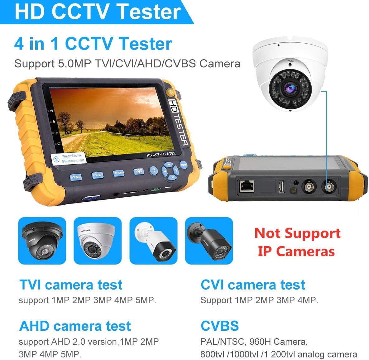 5 Inch 4 in 1 CCTV Monitor Tester, AHD/TVI/CVI/CVBS Coaxial Analog Video Monitor Tester