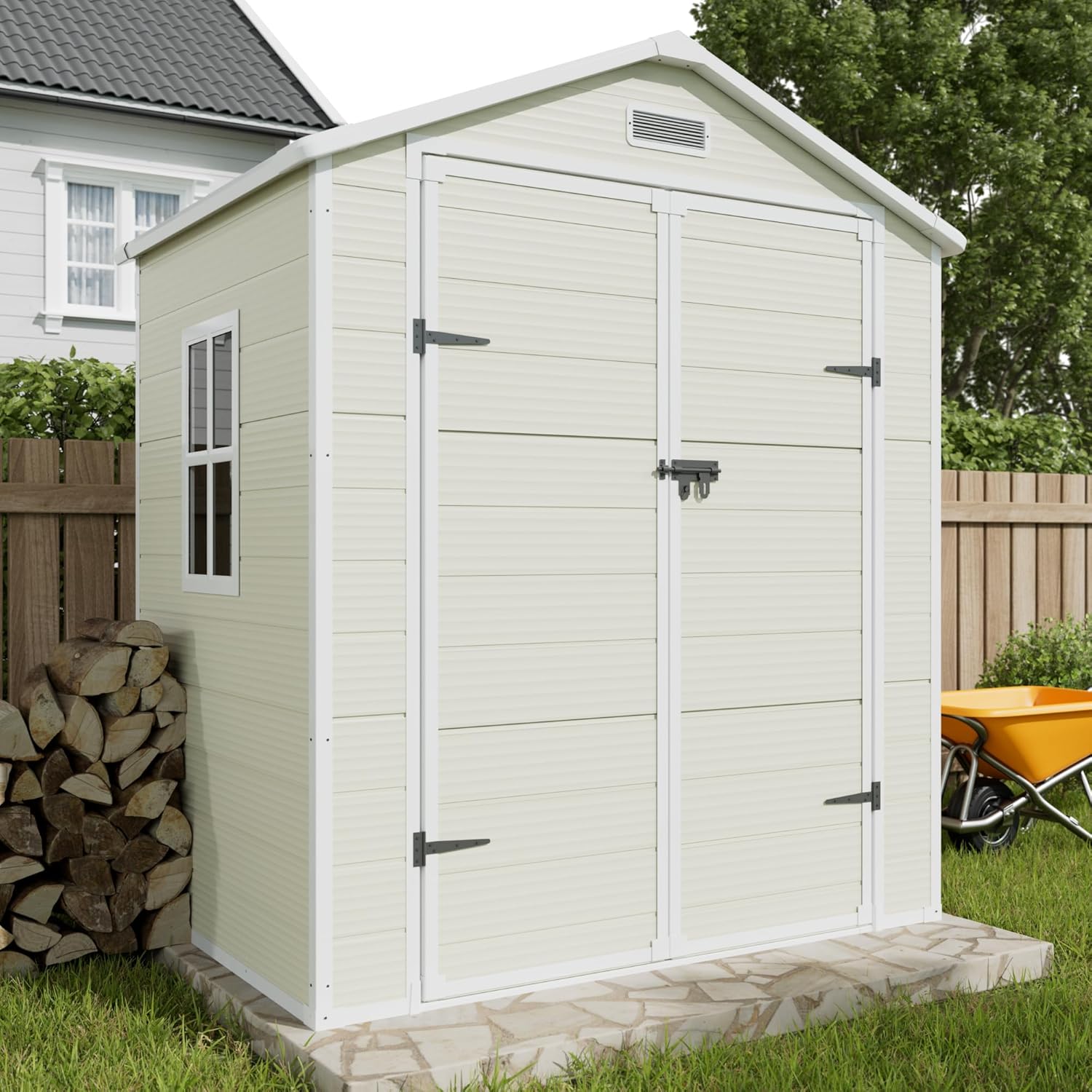 Outdoor Storage Shed, 6x4.5 FT Resin Shed with Floor and Lockable Door for Bike, Garbage Cans, Garden Accessories, Sandstone