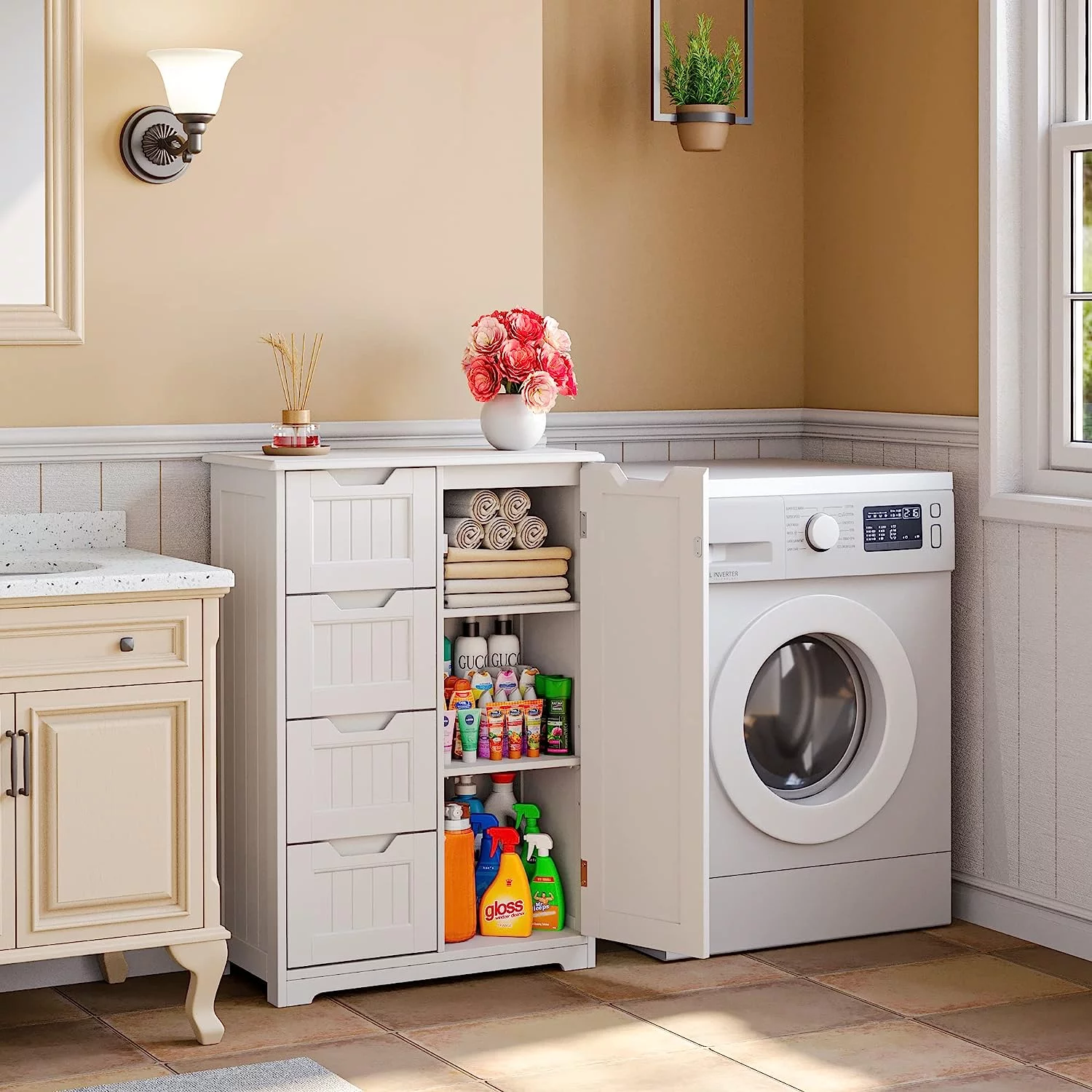 33" Small Kitchen Pantry Storage Cabinet with Door and Shelves, Pantry Cabinet Storage Cupboard