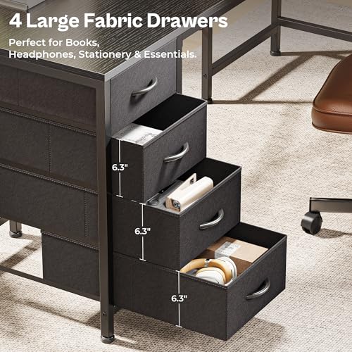 Huuger 63 Inch L Shaped Desk with Fabric Drawers, Reversible Computer Gaming Desk with Power Outlets and USB-C Port, Adjustable Side Storage Shelves