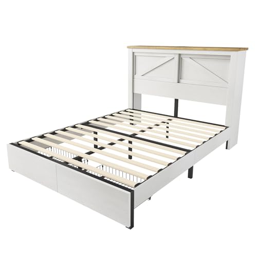 AMERLIFE 47.2" H King Bed Frame with Hidden Space Bookcase Headboard and Charging Station, Beds with 2 Storage Drawers and Wood Slats
