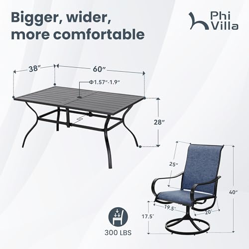PHI VILLA 5 PCS Outdoor Patio Dining Set with Swivel Dining Chairs (Blue) and 37"x 37" Metal Steel Dining Table(1.57" Umbrella Hole)