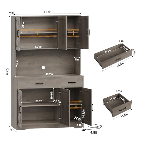 HOSTACK 71" Pantry Cabinet with Charging Station, Tall Kitchen Pantry Storage Cabinet with Microwave Stand