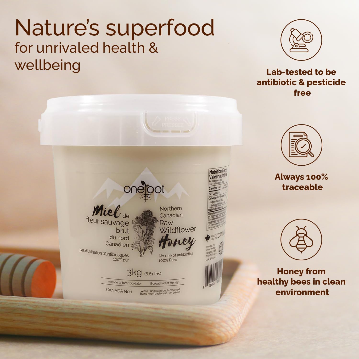 Oneroot 100% Canadian Wildflower Honey - 3kg / 6.6lb, Unfiltered, Unheated & Creamed, Nutrient Rich Raw Wildflower Honey With Enzymes