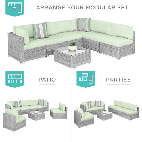 Best Choice Products 7-Piece Modular Outdoor Sectional Wicker Patio Conversation Set w/ 2 Pillows, Coffee Table, Cover Included - Gray/Navy