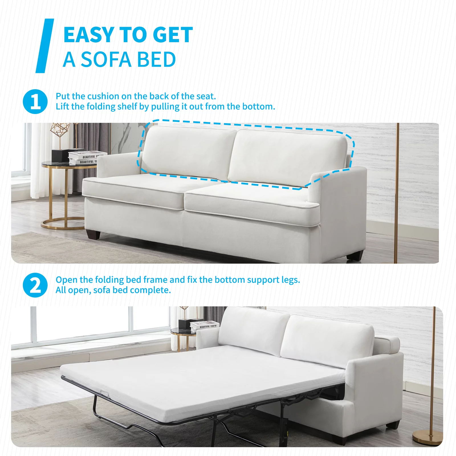 Mjkone 77.1"W Convertible Pull Out Sofa Bed with Foam Mattress , Velvet Loveseat Sleeper Sofa Bed