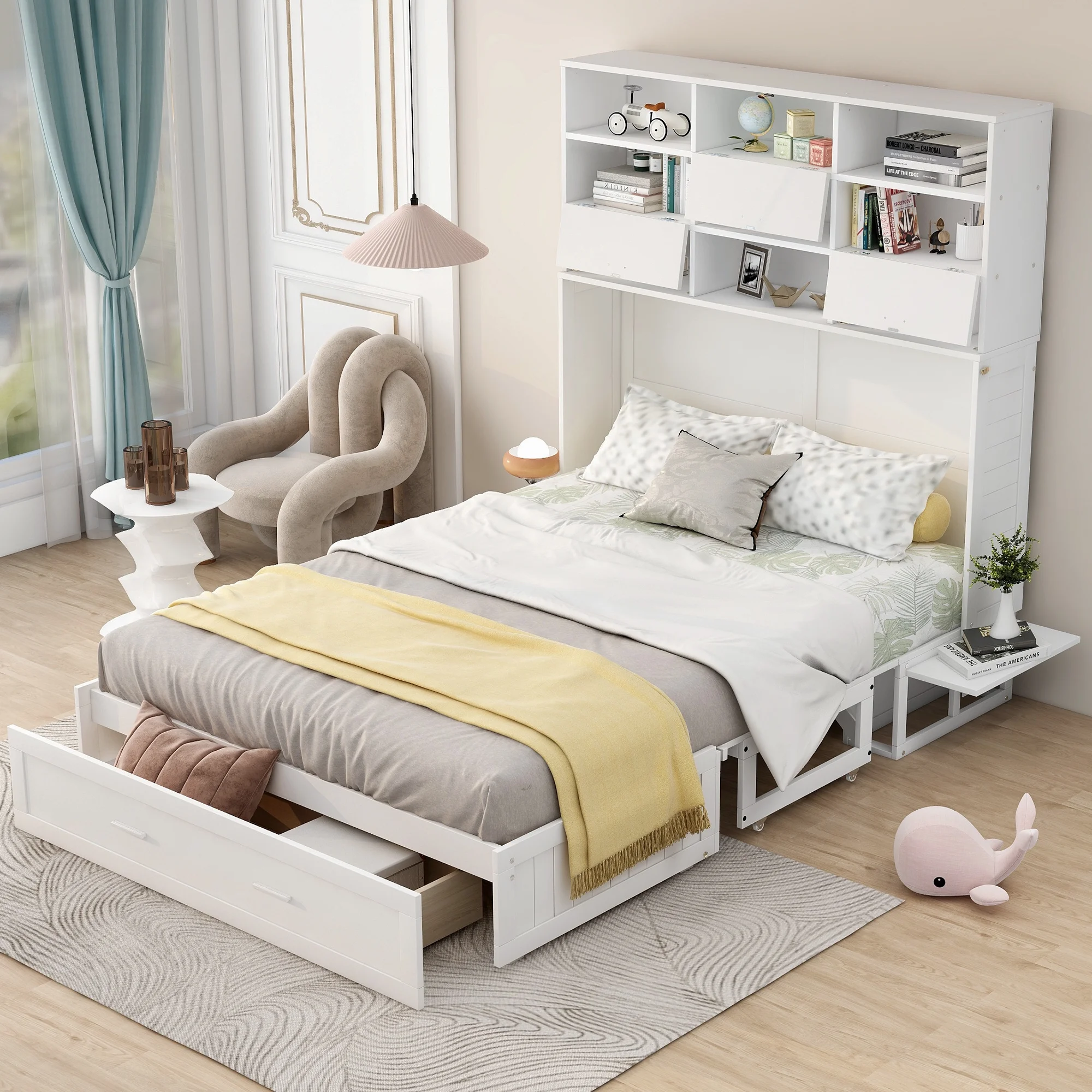 Euroco Queen Size Murphy Bed with Bookcase, Shelf and Drawer, Convertible into a Cabinet with Bookcase for Living Room