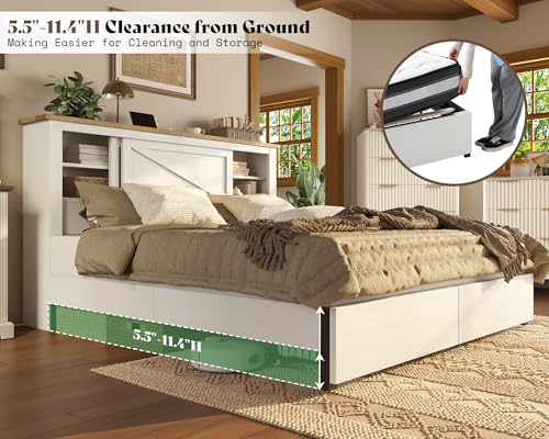 AMERLIFE 47.2" H King Bed Frame with Hidden Space Bookcase Headboard and Charging Station, Beds with 2 Storage Drawers and Wood Slats