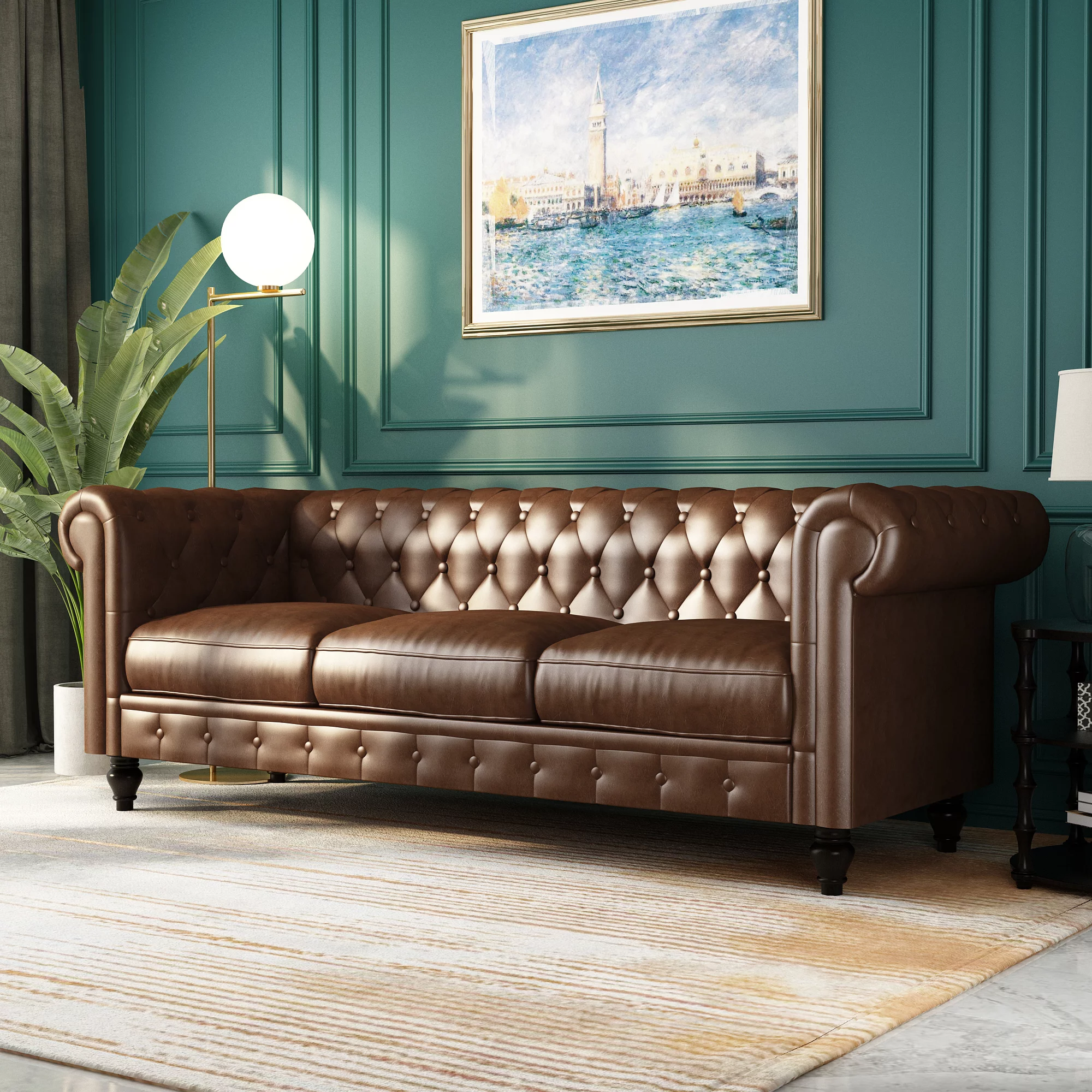 Chesterfield Button Tufted Faux Leather Sofa, 3-Seater Upholstered Couch with Removable Cushions for Living Room Bedroom Office