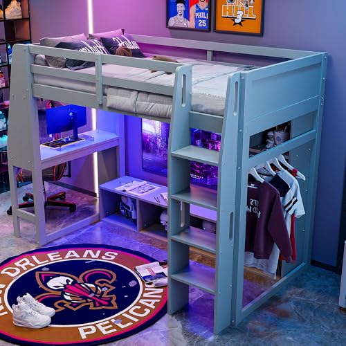 SOFTSEA Full Size Loft Bed with Desk and Storage, Solid Wood Loft Bed with Open Wardrobe and Multi-Storage Shelves
