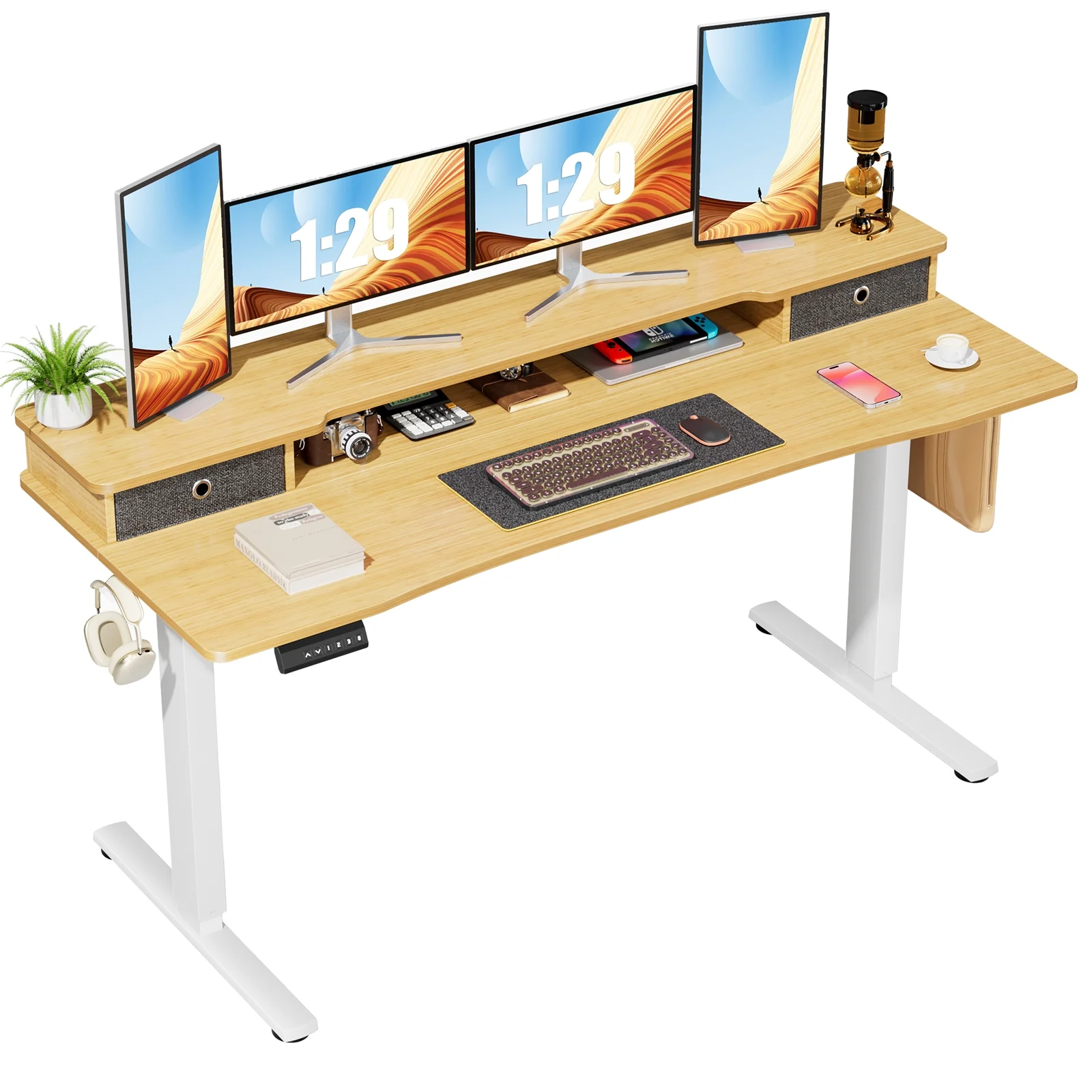 CoSoTower Home Office Height Adjustable Electric Standing Desk with Storage Shelf Double Drawer