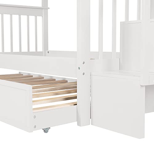 Harper & Bright Designs Twin Over Twin Bunk Bed with Stairs and Trundle, Solid Wood Stairway Bunk Bed Frame with Storage