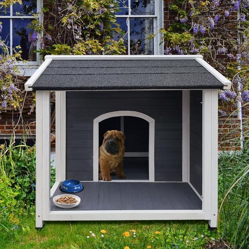 Outdoor Wooden Dog House,Waterproof Kennel with Deck and Sloped Roof,High Stability Pet Dog Cage for Small/Medium Puppy