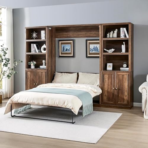 MERITLINE Queen Size Murphy Bed with Storage Bookcase Shelves,Cabinet and Charging Station,Wood Folding White Murphy Wall Bed