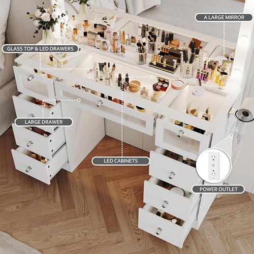 9 Drawers Makeup Vanity Desk with 36.9" Oversized Mirror and Lights, Vanity with Tempered Glass Top