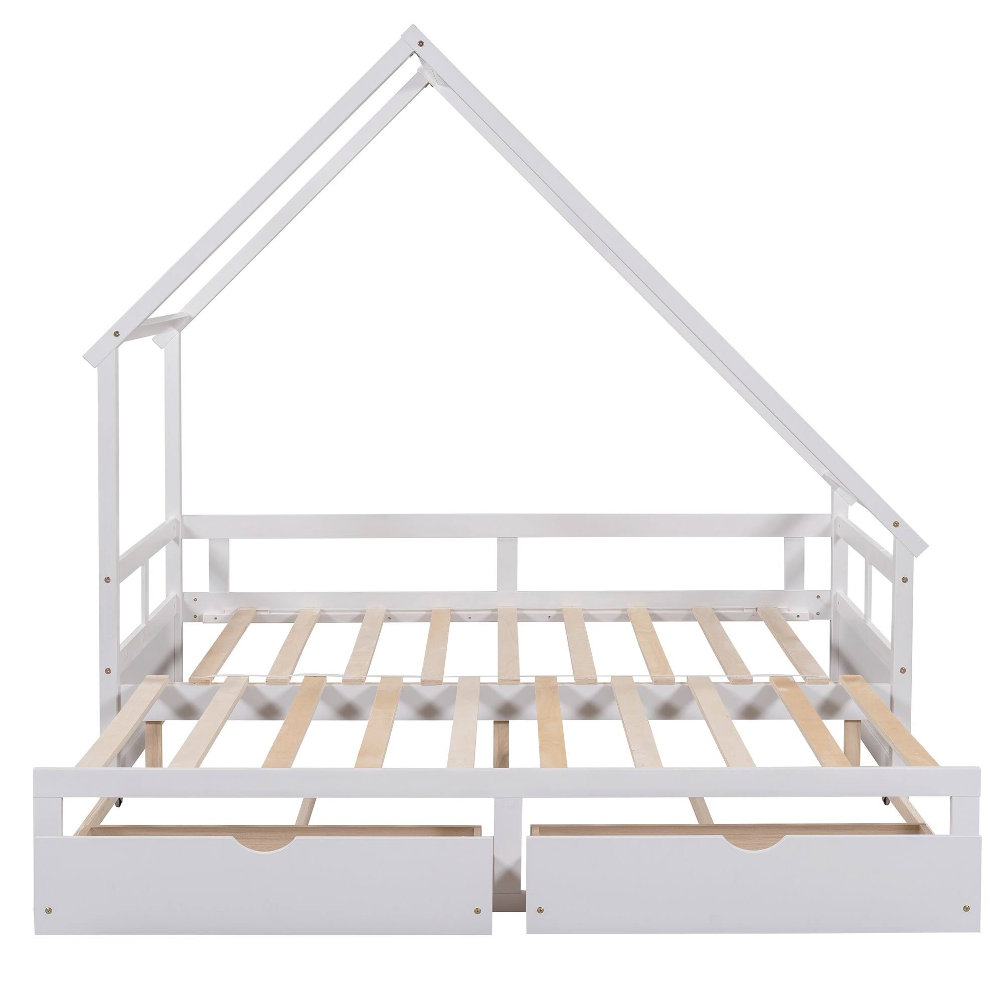Twin-King Wooden House Extending Daybed with Two Drawers, Pine, White - Espresso
