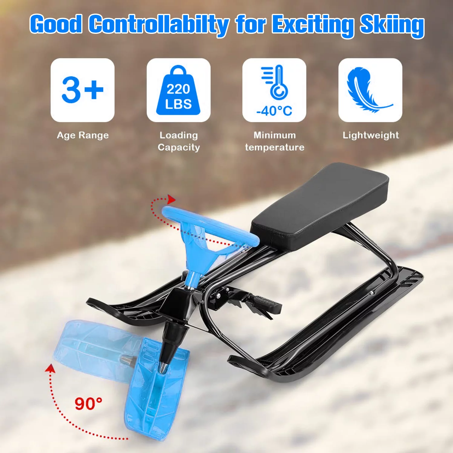 uhomepro Snow Racer Sled for Kids Toddlers Sports Toy, Classic Ski Slider Board with Steering Wheel, Twin Brakes, Durable Steel Frame