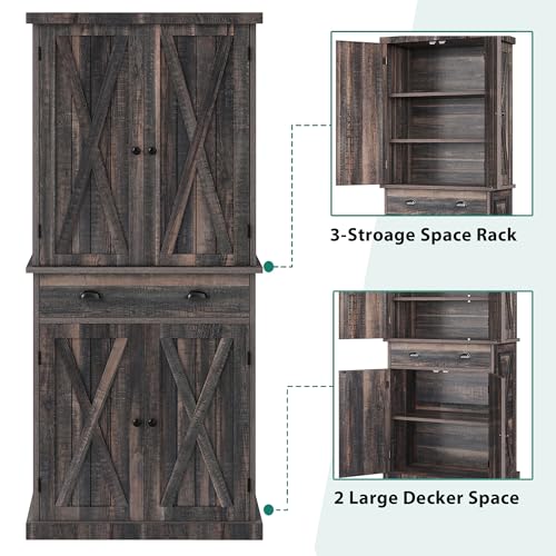 YITAHOME 72'' Tall Kitchen Pantry Cabinets, Farmhouse Storage Cabinets with Barn Doors, Drawer ＆ Adjustable Shelves