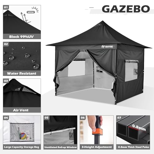 OUTFINE Heavy Duty Canopy 10x10 Pop Up Commercial Canopy Tent with 3 Side Walls Instant Shade, Bonus Upgrade Roller Bag, 4 Weight Bags