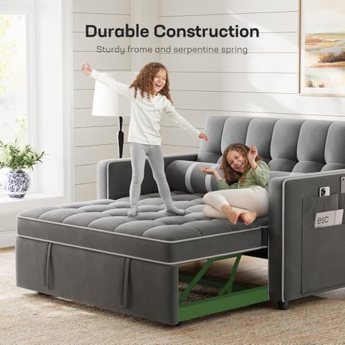 Marsail Sofa Bed, 3-in-1 Convertible Sleeper Sofa, Futon Couch with USB Charging, Side Pockets & Adjustable Backrest, Pull Out Couch for Living Room