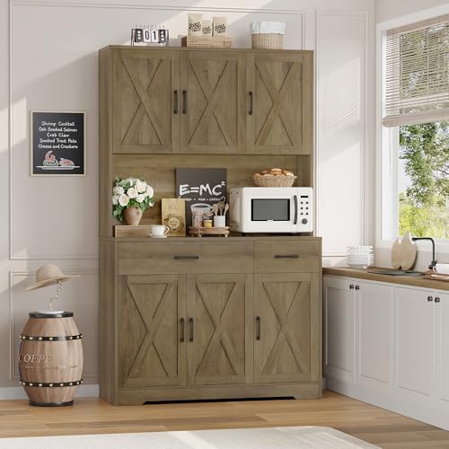 HOSTACK 71" Pantry Cabinet with Charging Station, Tall Kitchen Pantry Storage Cabinet with Microwave Stand