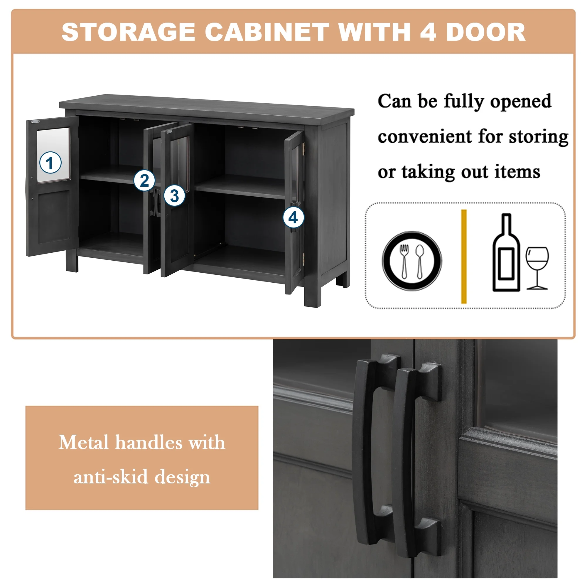 Buffet Cabinet with 4 Doors, Farmhouse Storage Cabinet, Atumon Storage Cabinet with Adjustable Shelves and Metal Handles