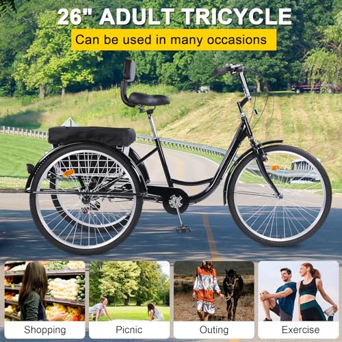 Adult Tricycles, 7 Speed Adult Trikes 26 inch 3 Wheel Bikes, Cruise Bike with Basket for Seniors, Women, Men for Recreation, Shopping, Exercise