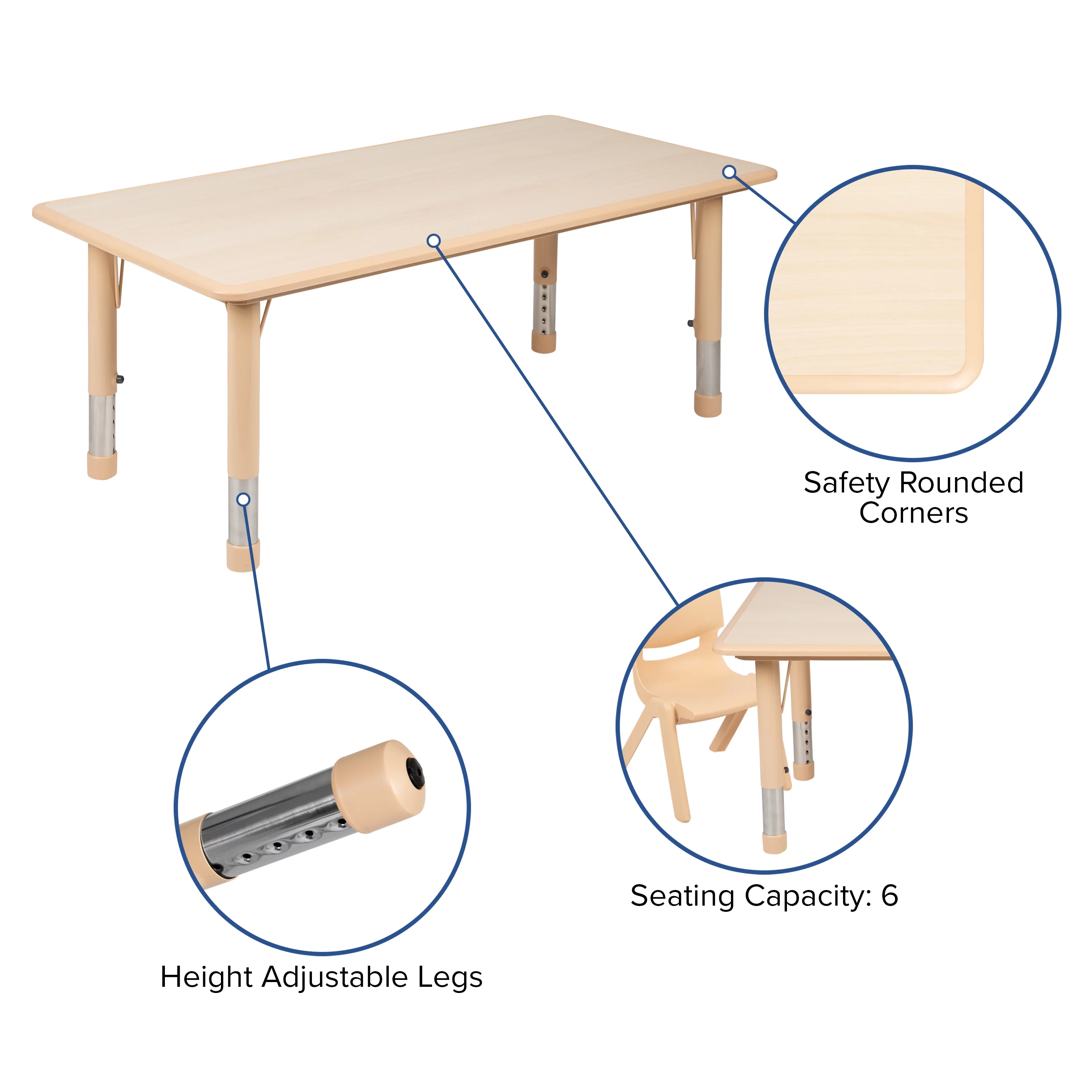 Flash Furniture 23.625"W x 47.25"L Rectangular Natural Plastic Height Adjustable Activity Table Set with 6 Chairs