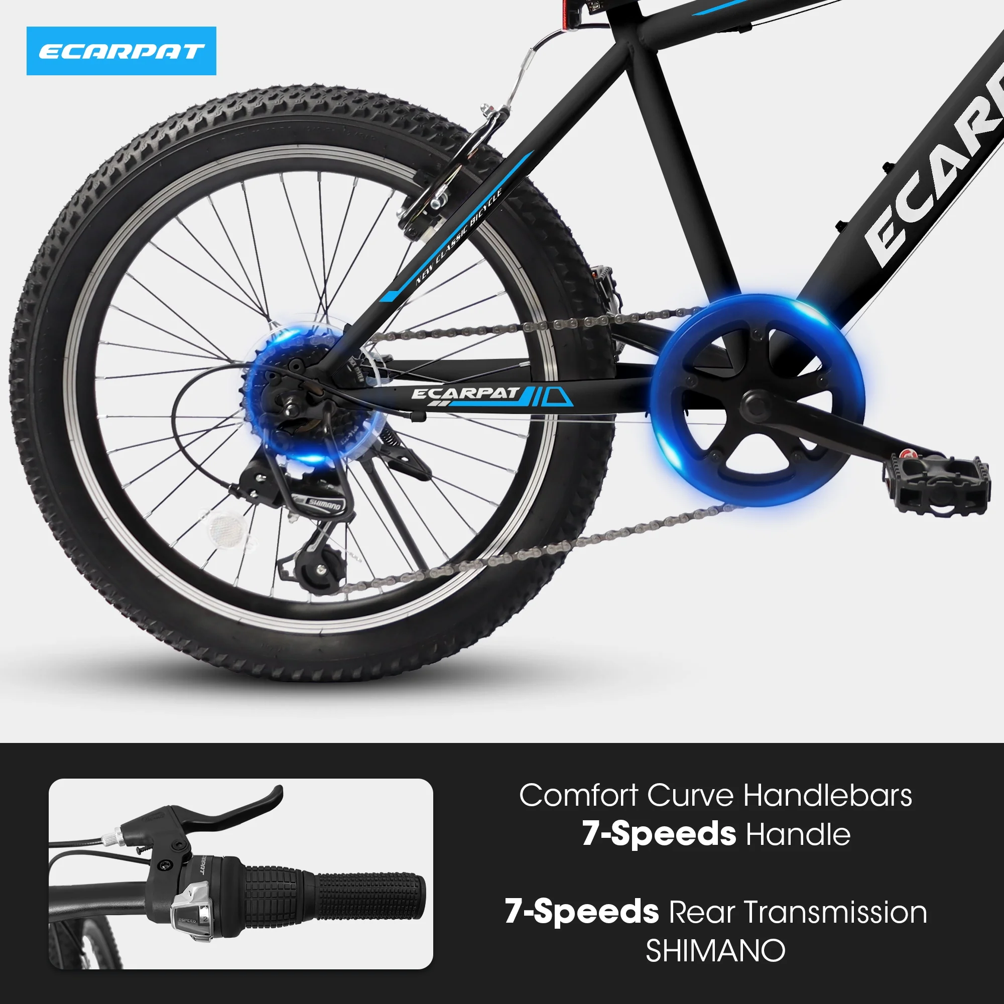 20 Inch Kids Mountain Bike for Boys and Girls, 7 Speed Shimano Drivetrain, Disc Brakes, Fat Tire Youth Bicycles- Black