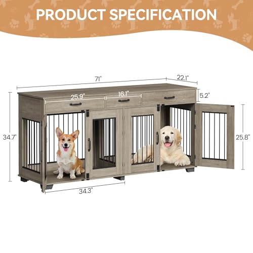 Dog Crate Furniture for 2 Dogs, 71'' XXL Indoor Dog Kennel with 3 Drawers and Removable Room Divider