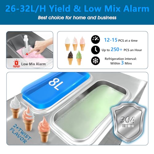 GSEICE Commercial Ice Cream Maker Machine, 2+1 Flavors Soft Serve Machine w/Two Hoppers Cylinders Puffing Pre-Cooling & Frequency Conversion