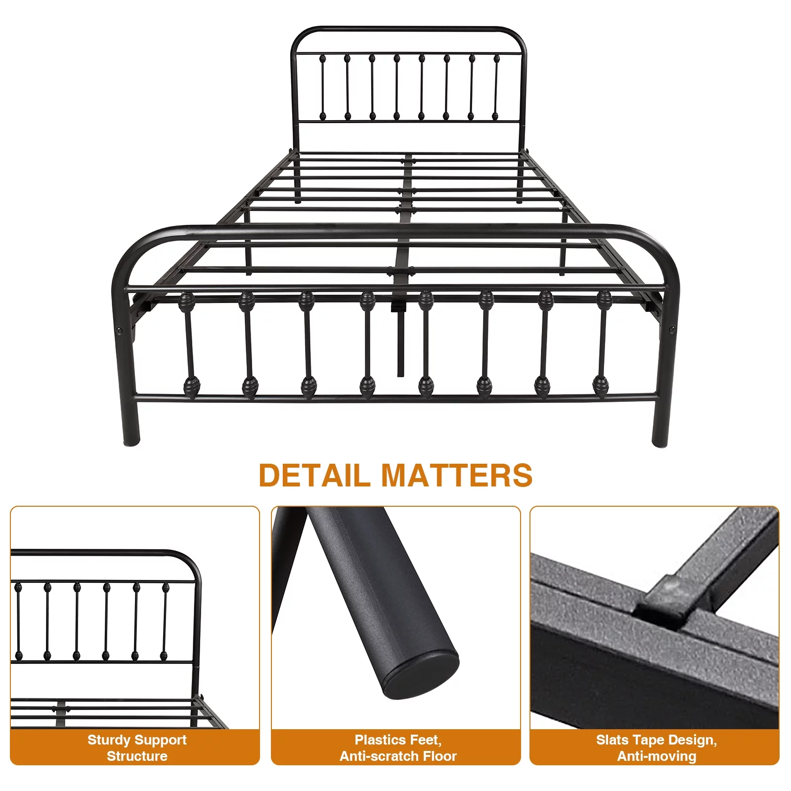 SESSLIFE Queen Size Victorian Style Bed with Headboard and Footboard, Iron Bed Frame for Bedroom, No Box Spring Needed ,Black