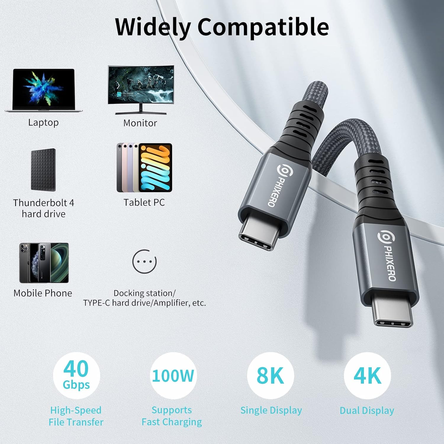 PHIXERO Cable for Thunderbolt 4 Full-Featured Cable, 2 Meter (6.6 ft), 40Gbps Data Transfer / 100W Charging / 8K@60Hz, Compatible with Thunderbolt 4