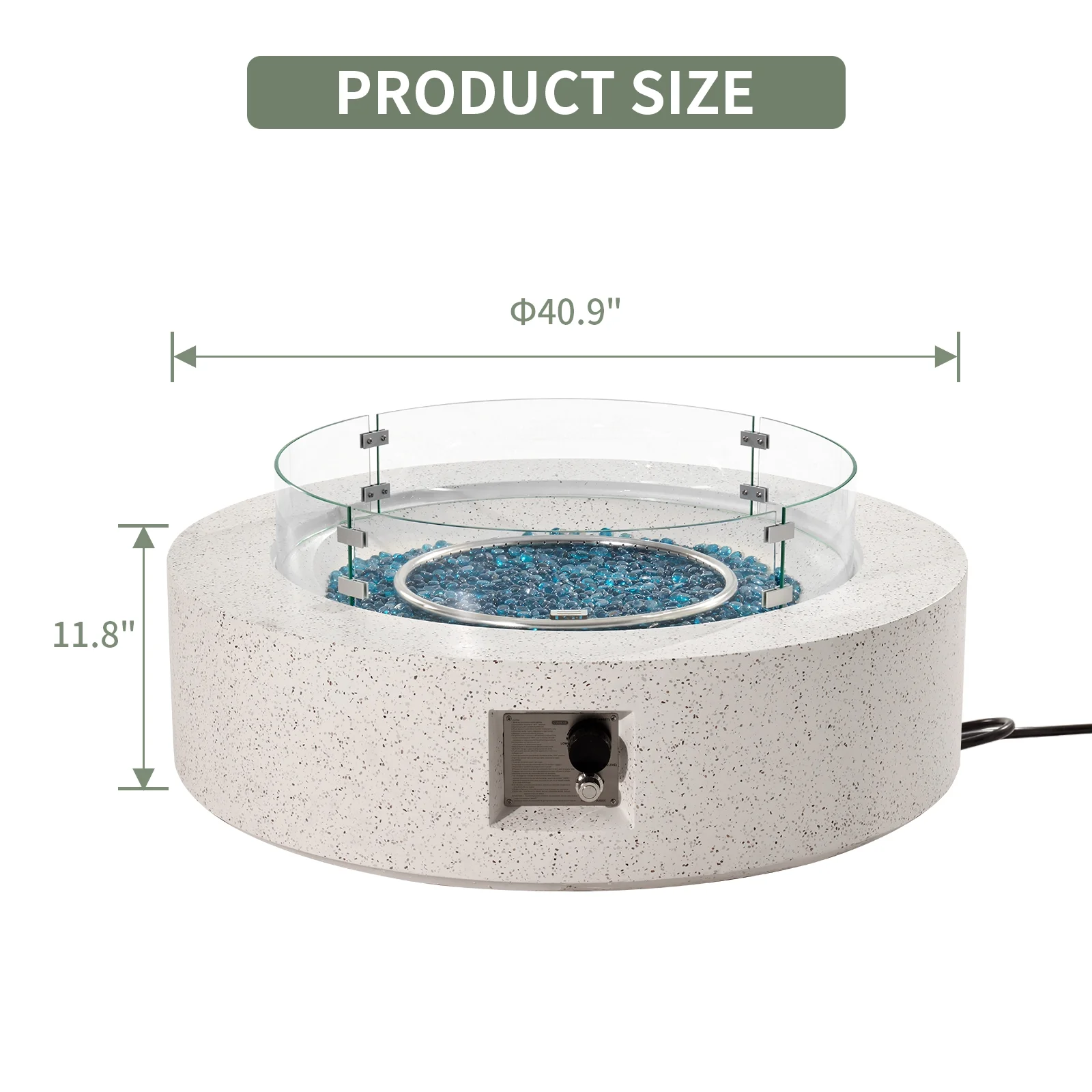 COSIEST Outdoor Propane Fire Pit Coffee Table w Terrazzo White 40.5-inch Round Base Patio Heater, Wind Guard, Aqua Blue Fire Glass, Rain Cover