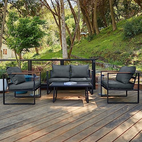 EAST OAK Courtyard Patio Furniture Set, 4-Piece Outdoor Patio Set with Sofa, Removable & Washable Deep Seating Cushion, Tempered Glass Table