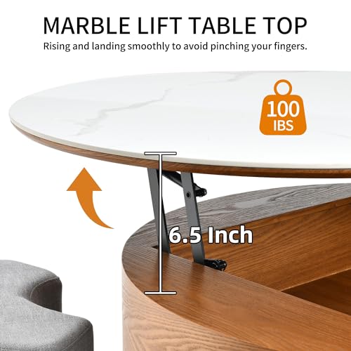DWVO 32" L Round Marbling Pattern Slate Coffee Table with Storage 3 Stools Wood Rustic Boho Lift Top Coffee Table Set for Living Room
