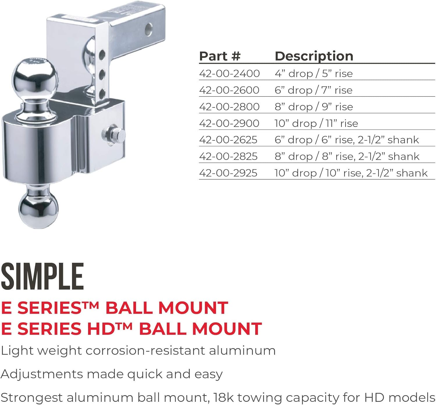 Fastway Flash 42-00-2400 E Series Adjustable Aluminum Ball Mount with 4 Inch Drop, 2 Inch Shank, and Chrome Plated Balls