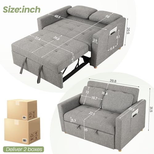 SEJOV 3-in-1 Convertible Sofa Bed, Linen Fabric Sleeper Couch Pull Out Bed, 49" 2-Seater Loveseat Futon Sofa with Spring Support